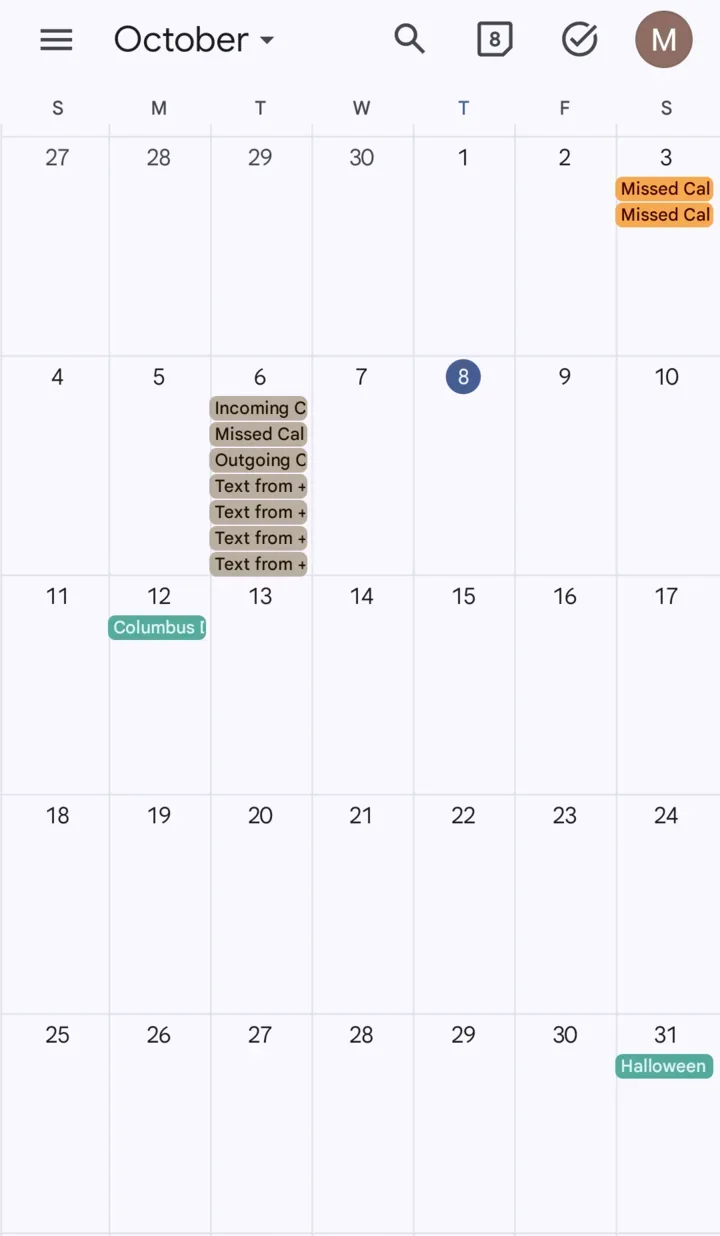 Google Calendar month view for October with a stack of backed up call and text events on 6 October.