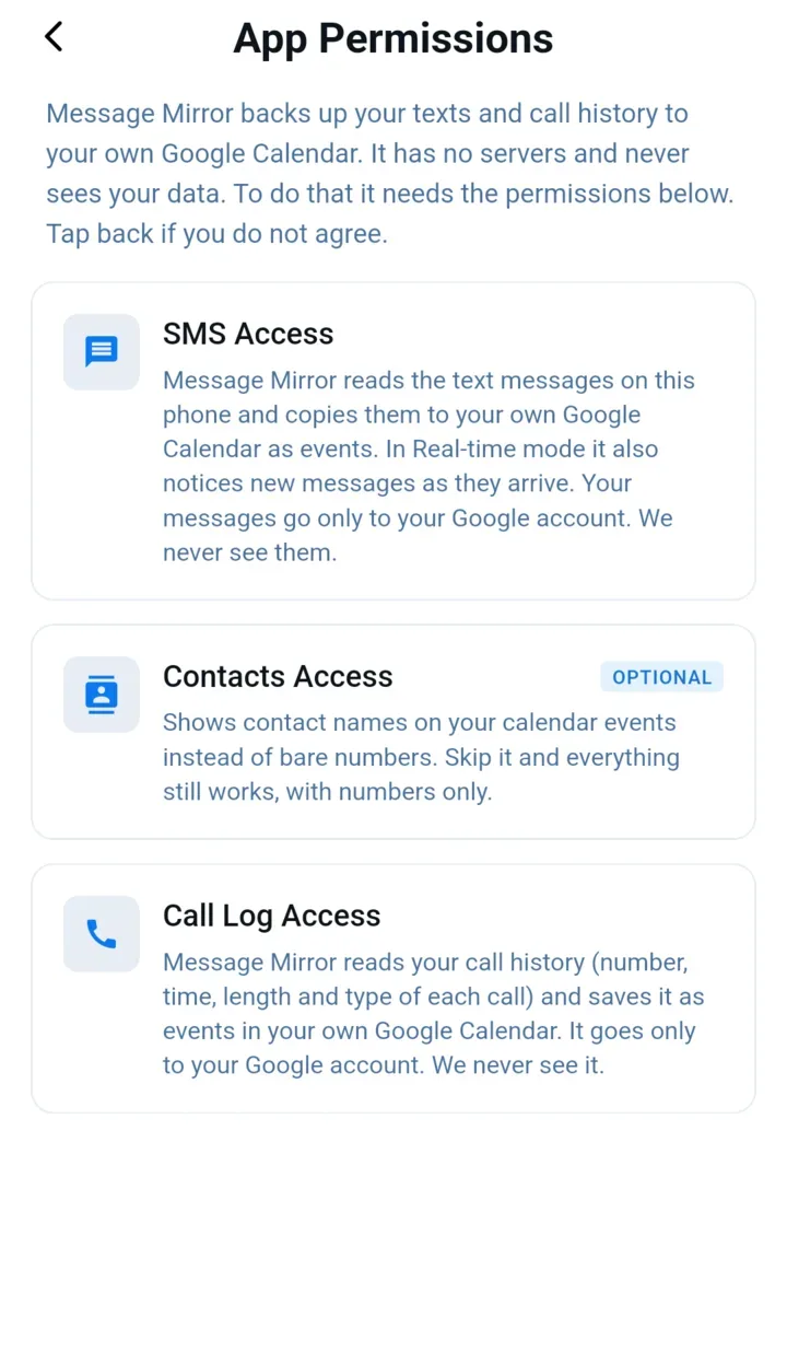 The app permissions screen listing SMS access, optional contacts access and call log access, each with a line on why it is needed.