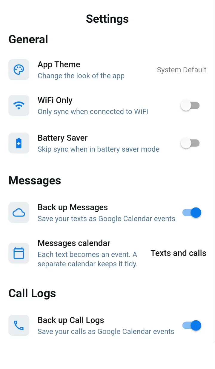 The app settings screen with switches for backing up messages and call logs, and a choice of calendar for messages.